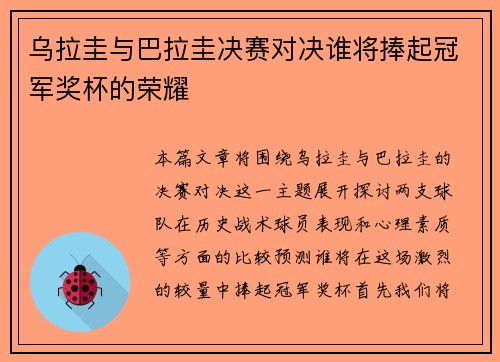 乌拉圭与巴拉圭决赛对决谁将捧起冠军奖杯的荣耀
